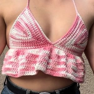 Handmade crochet v-neck tank crop top small womens Ruffled pink size 2